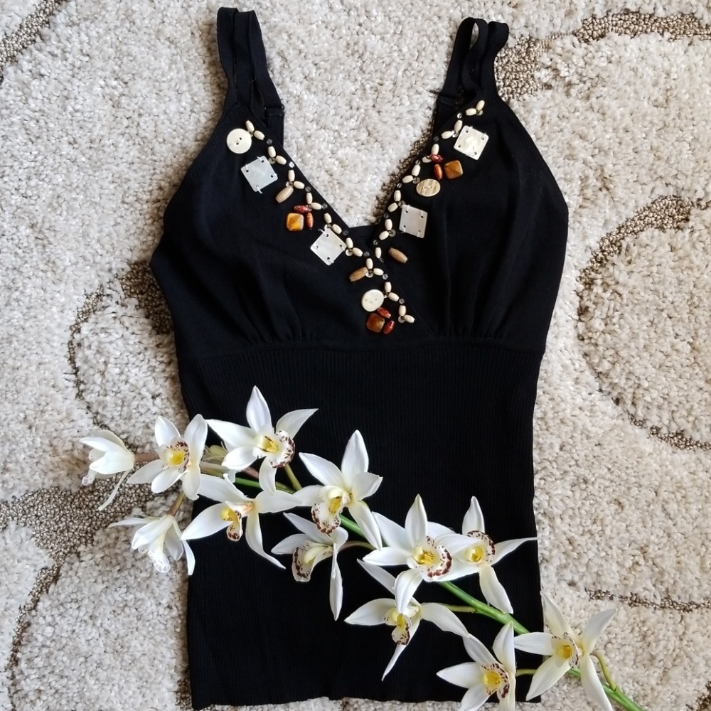 Brown Beaded Ribbed Black Sweater Tank